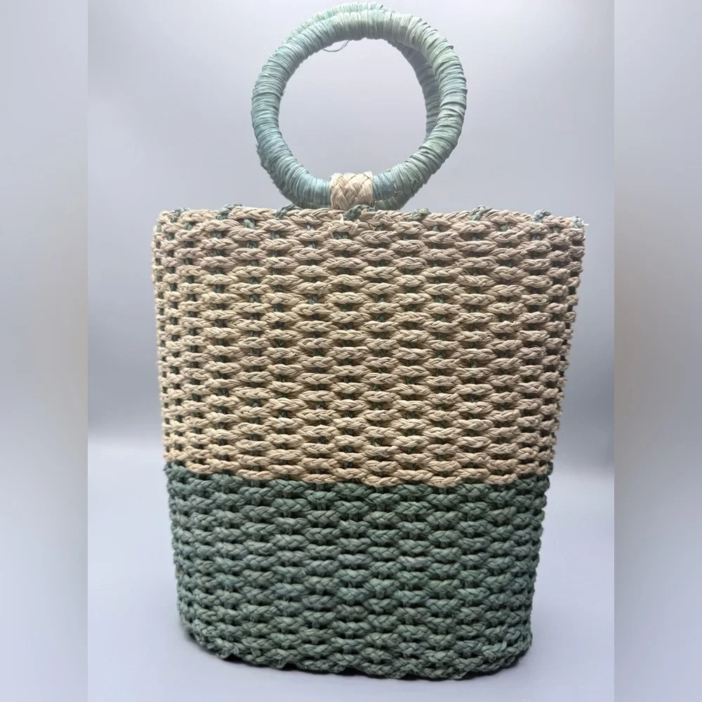 👜 KAANAS Woven Straw Handbag – Sage Green & Natural – Summer Resort Bag - Picture 1 of 6